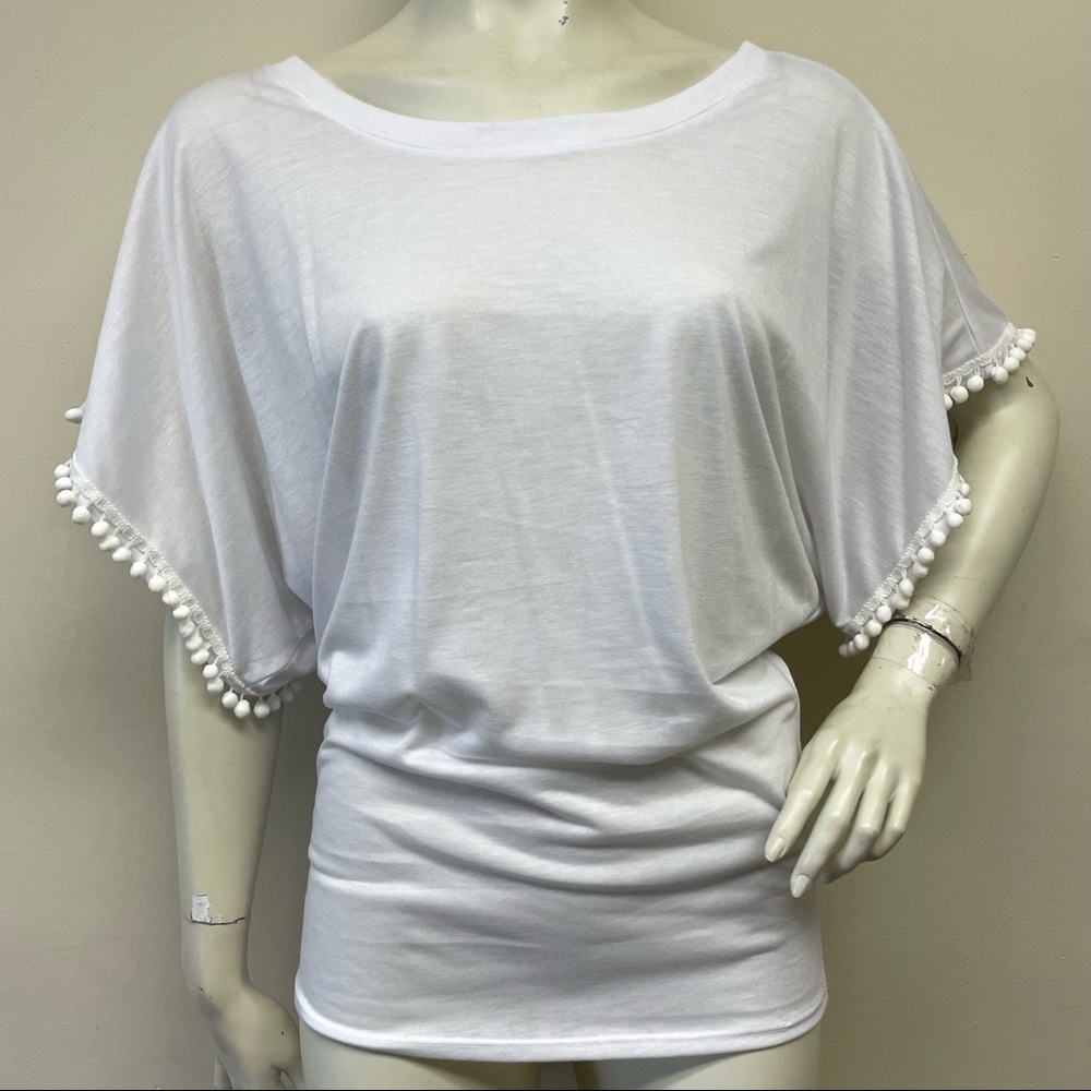 Wide scoop neck dolman sleeve tshirt w/ Pom Pom detail on sleeves